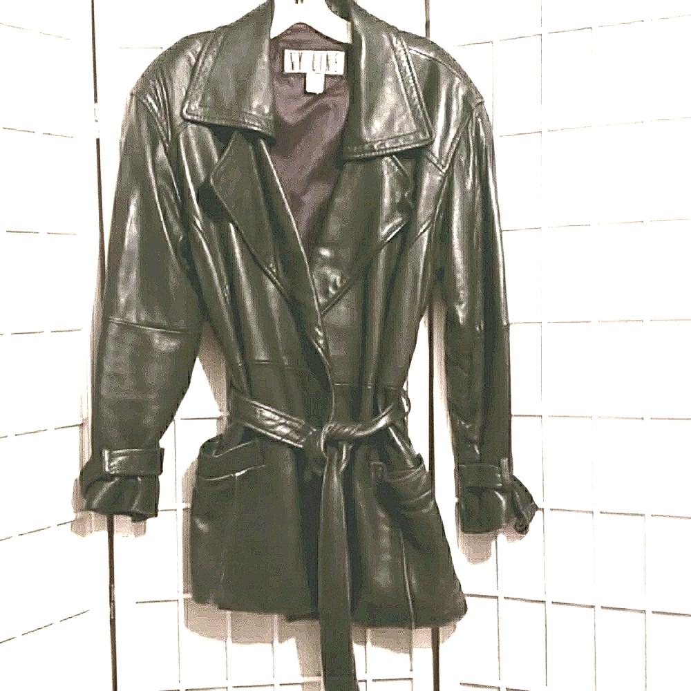 NY LINE BLK LEATHER 3/4 WRAP COAT SZ S